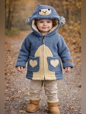 Toddler Bear Hood Knit Jacket Size 4T Blue Wool Blend Cozy Fall Winter Coat
